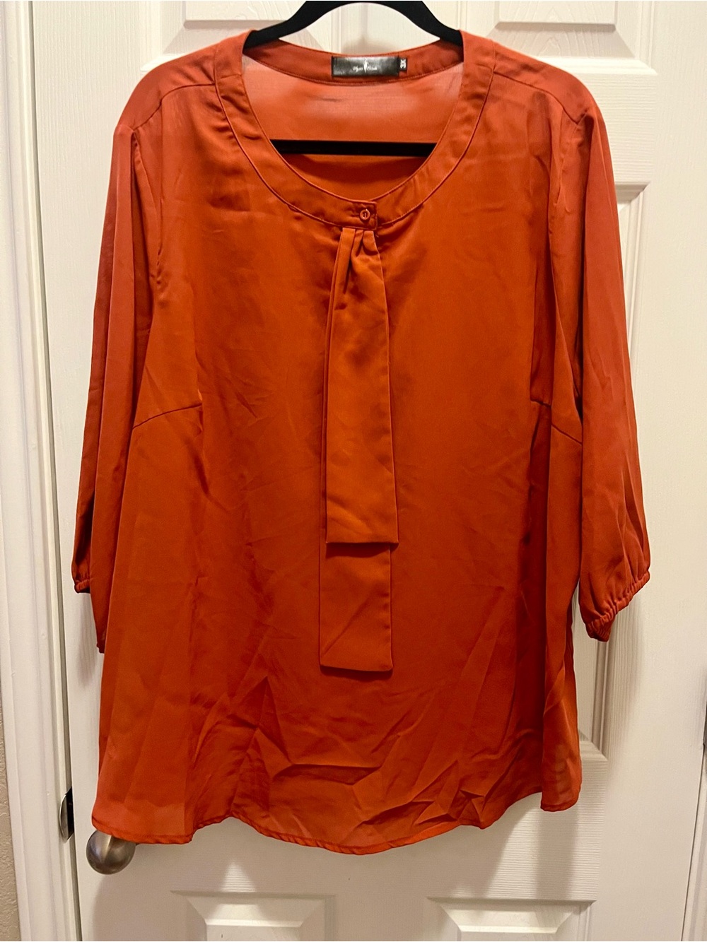Agnes Orinda 3X Burnt Orange Tie Neck Blouse Balloon Sleeve Plus Size